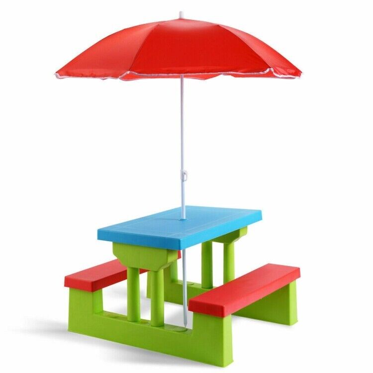Kids Picnic Folding Table Bench Toddler Set In/Outdoor Playing W/Umbrella Canopy