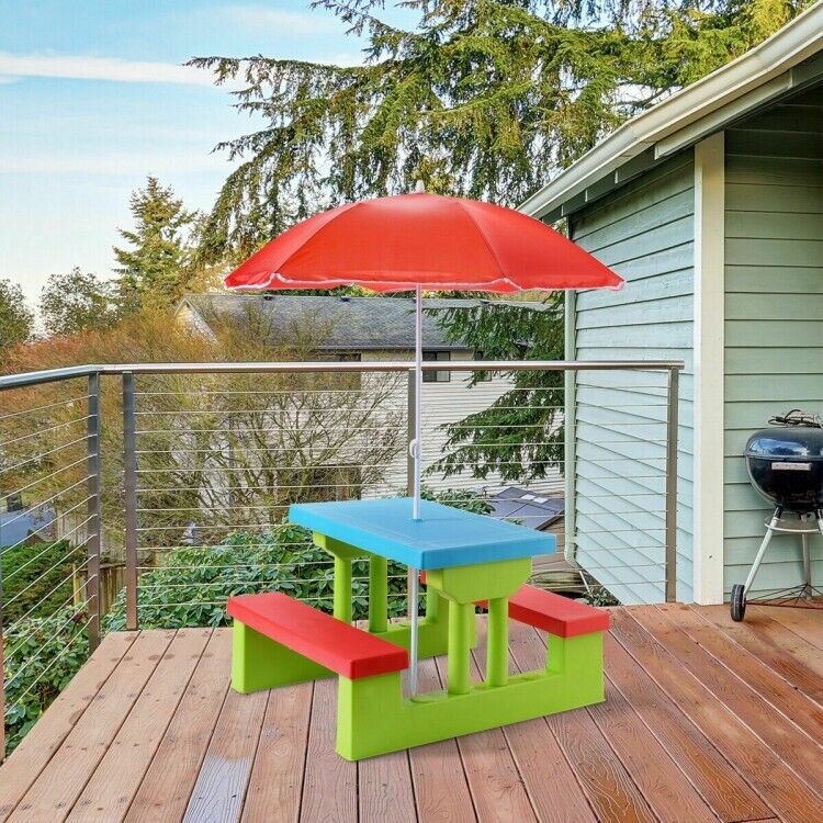 Kids Picnic Folding Table Bench Toddler Set In/Outdoor Playing W/Umbrella Canopy