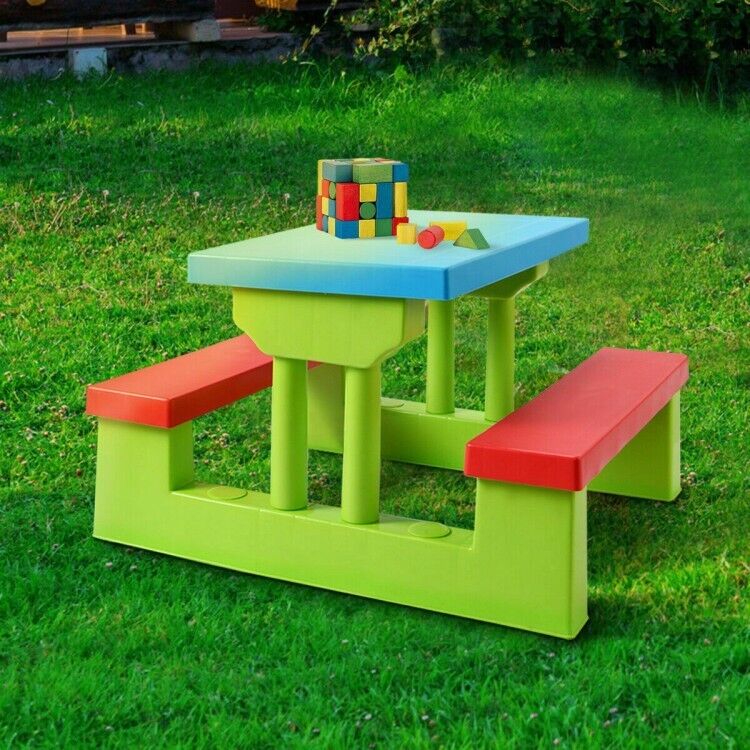 Kids Picnic Folding Table Bench Toddler Set In/Outdoor Playing W/Umbrella Canopy
