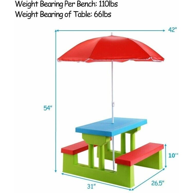 Kids Picnic Folding Table Bench Toddler Set In/Outdoor Playing W/Umbrella Canopy
