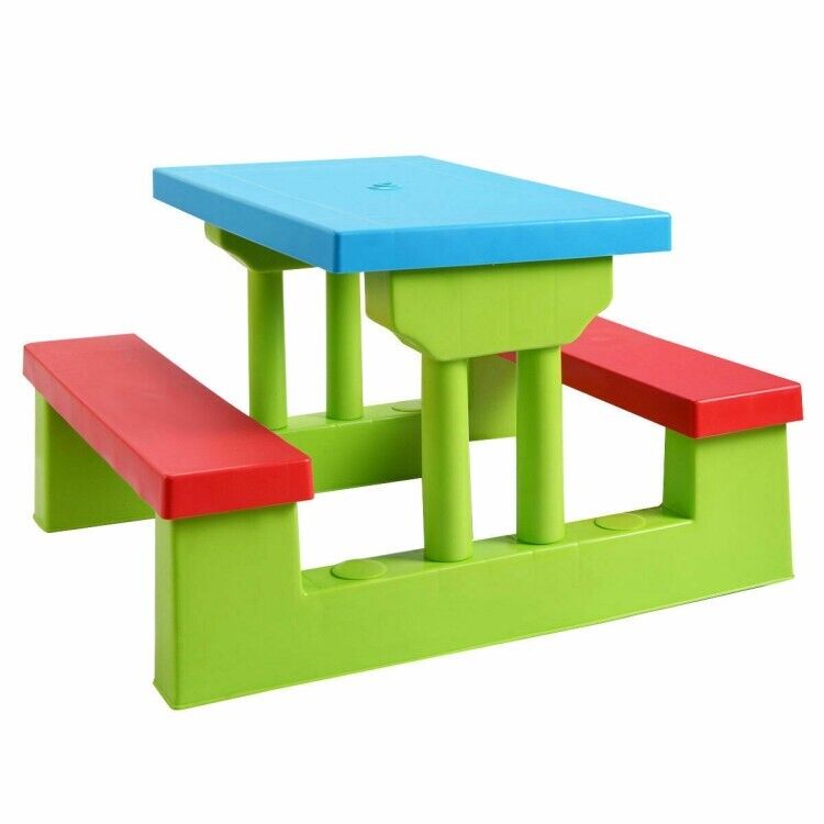 Kids Picnic Folding Table Bench Toddler Set In/Outdoor Playing W/Umbrella Canopy