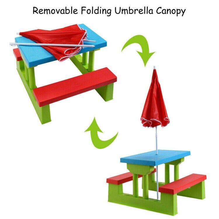 Kids Picnic Folding Table Bench Toddler Set In/Outdoor Playing W/Umbrella Canopy