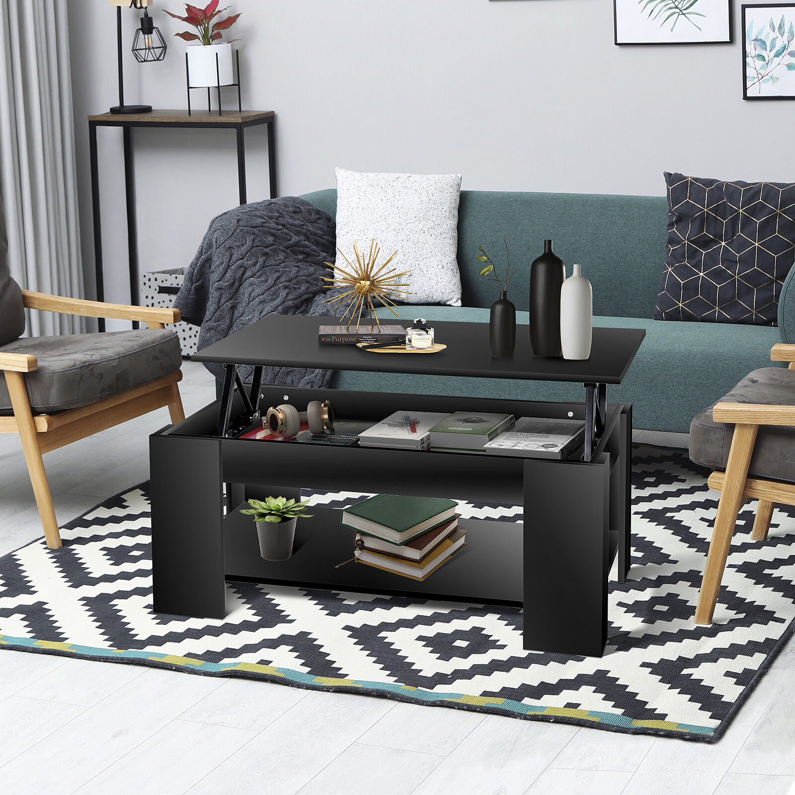 Black Lift Top Coffee Table with Hidden Storage Shelf