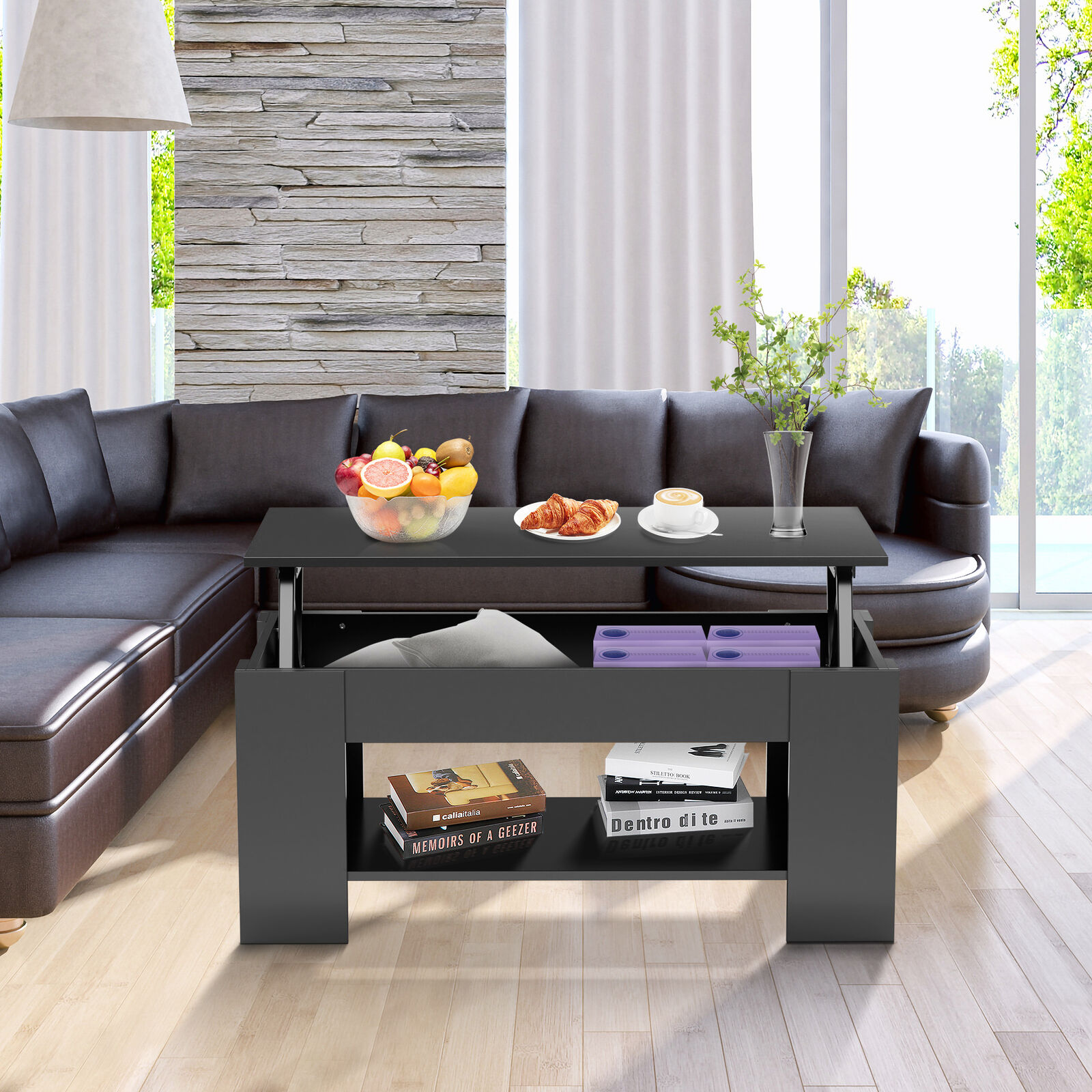 Black Lift Top Coffee Table with Hidden Storage Shelf