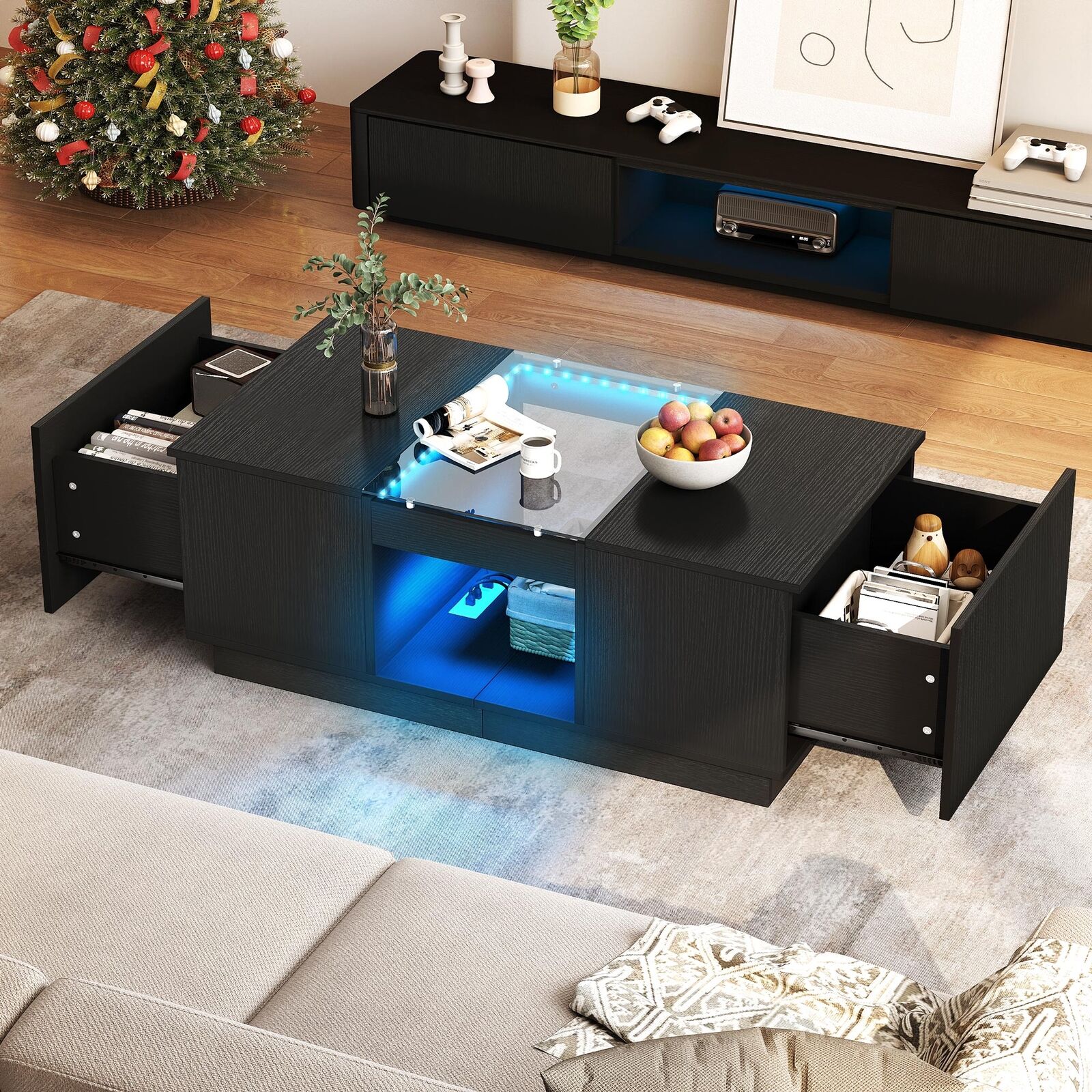 Contemporary Coffee Table: 2 Drawers, Charging Station, LED Lights