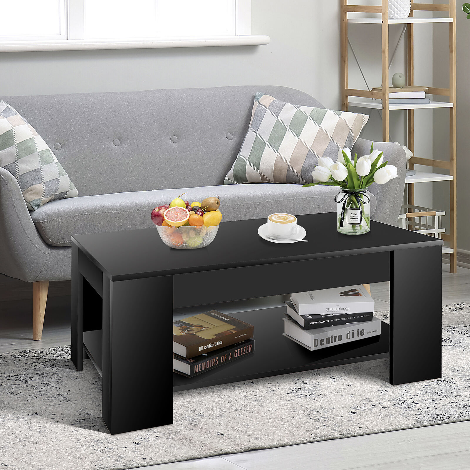 Black Lift Top Coffee Table with Hidden Storage Shelf