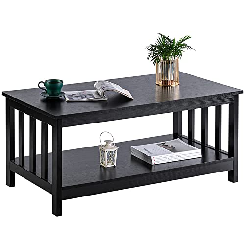Black Wood Mission Coffee Table with Shelf