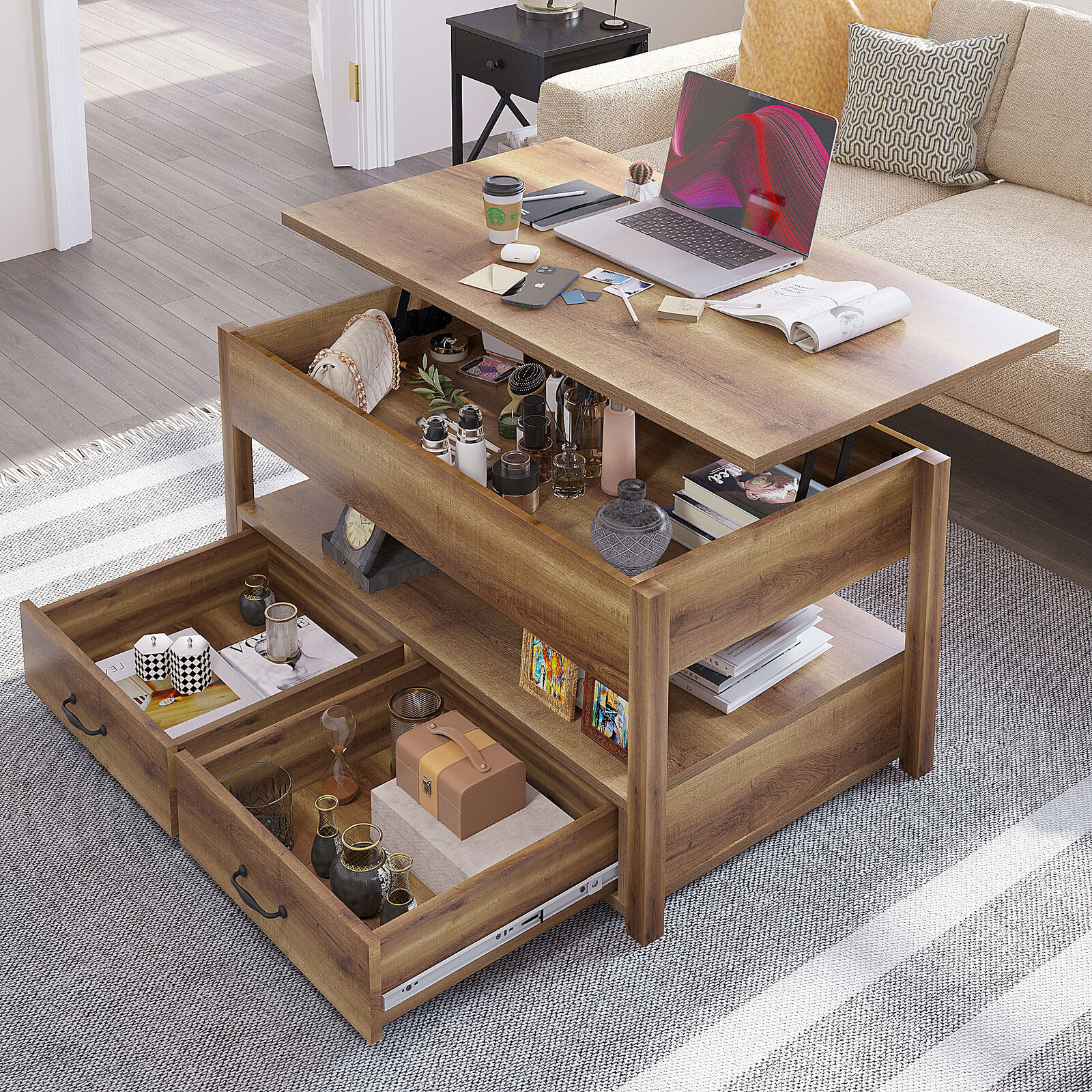 Coffee Table with Hidden Compartment and Storage Shelves