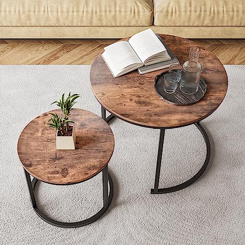 Round Coffee Table Set of 2, Black Metal/Wood Look