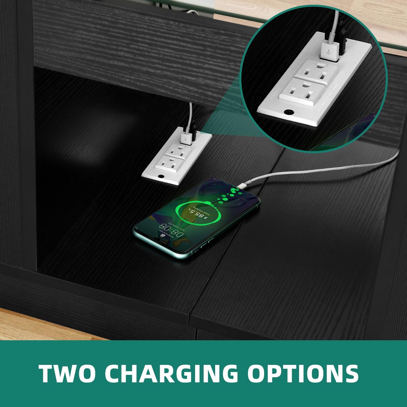 Contemporary Coffee Table: 2 Drawers, Charging Station, LED Lights