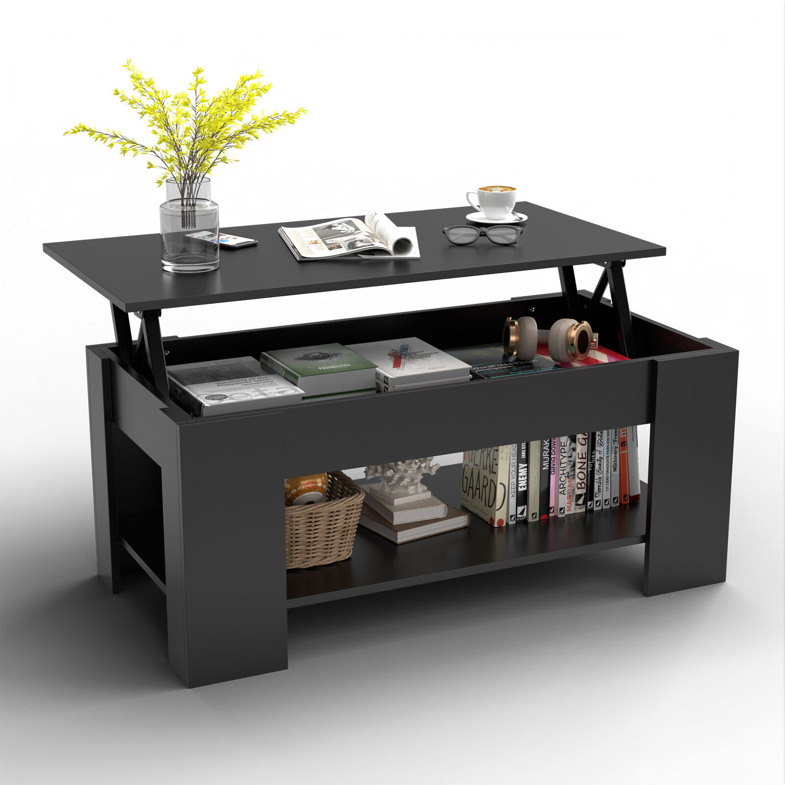 Black Lift Top Coffee Table with Hidden Storage Shelf