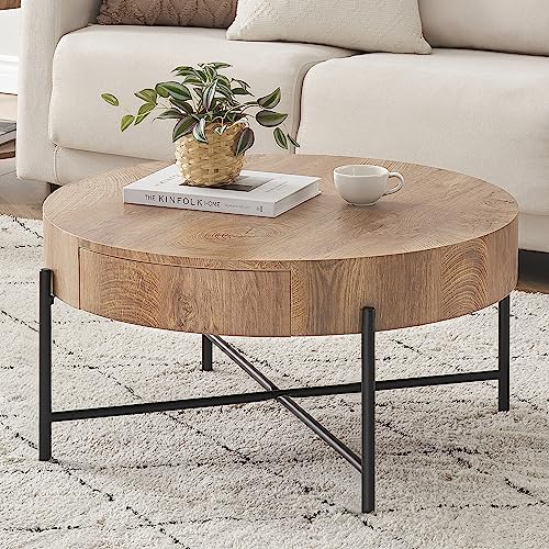 Round Solid Wood Coffee Table with Drawers - Farmhouse Design
