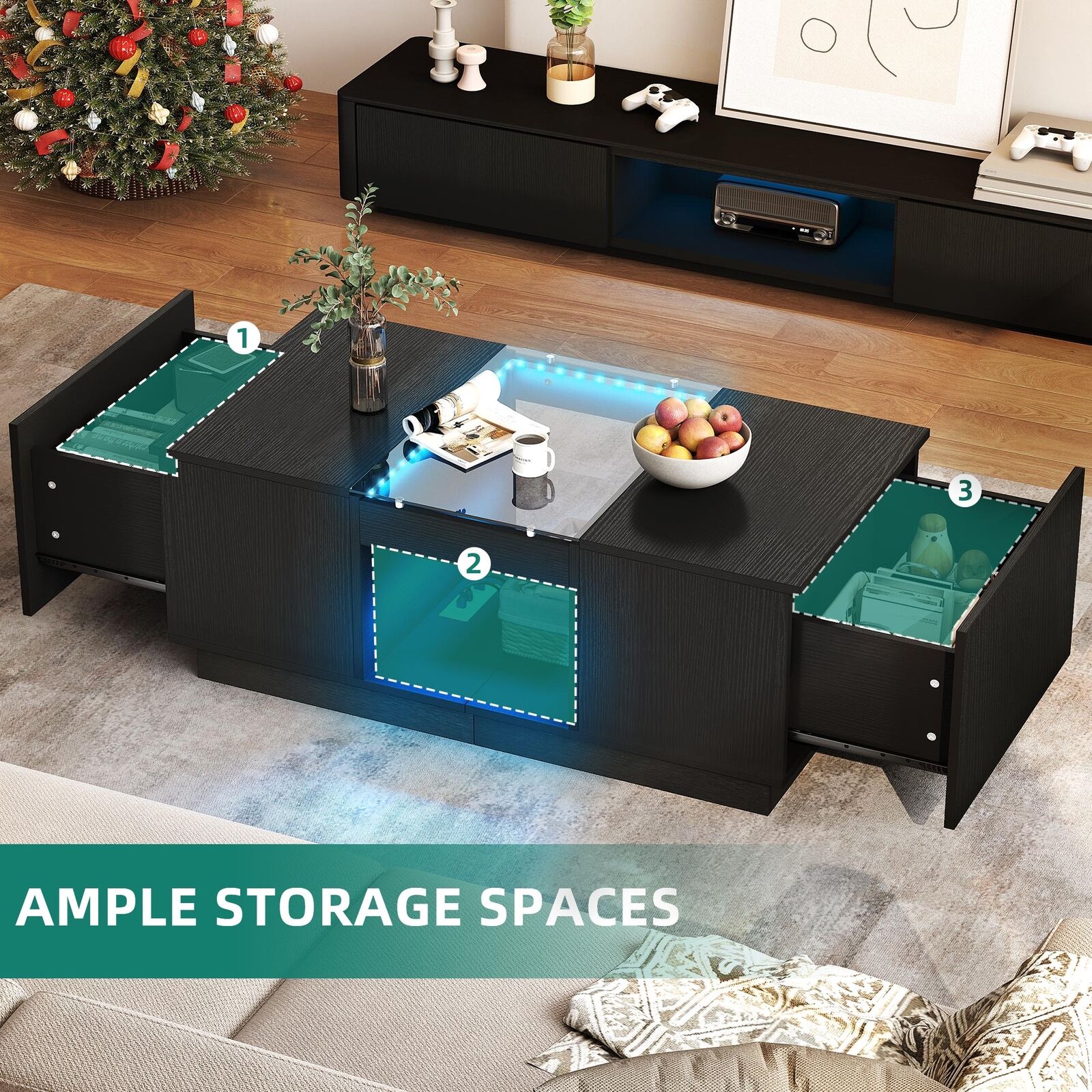 Contemporary Coffee Table: 2 Drawers, Charging Station, LED Lights