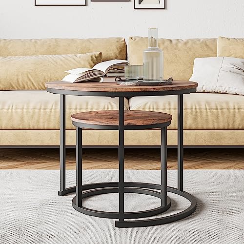 Round Coffee Table Set of 2, Black Metal/Wood Look