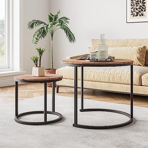 Round Coffee Table Set of 2, Black Metal/Wood Look