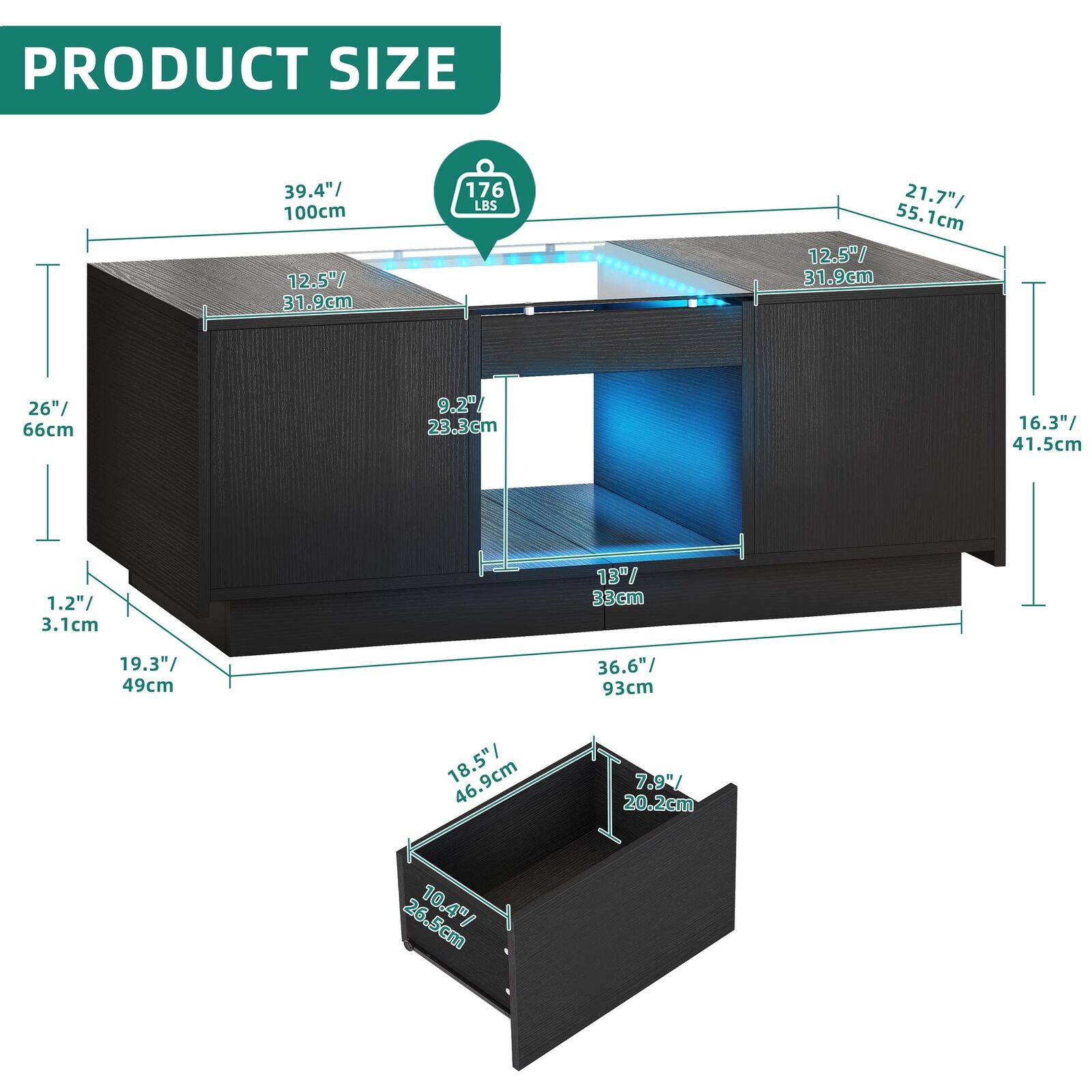 Contemporary Coffee Table: 2 Drawers, Charging Station, LED Lights