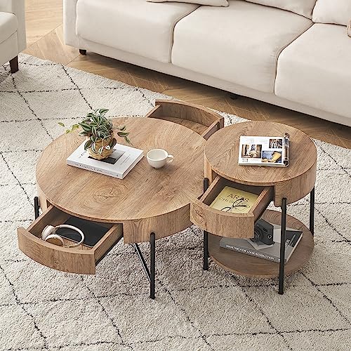 Round Solid Wood Coffee Table with Drawers - Farmhouse Design