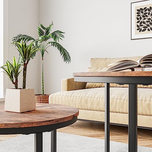 Round Coffee Table Set of 2, Black Metal/Wood Look