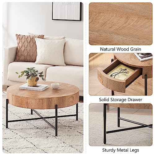 Round Solid Wood Coffee Table with Drawers - Farmhouse Design