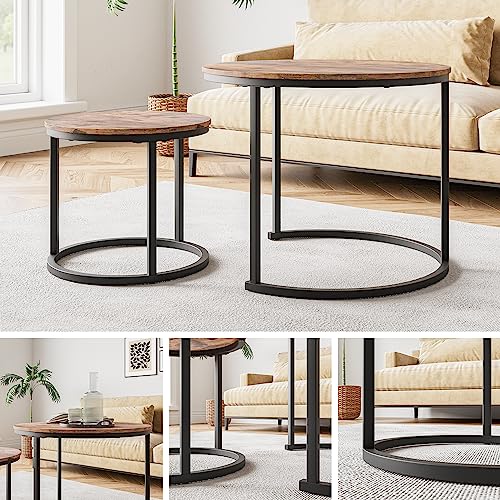 Round Coffee Table Set of 2, Black Metal/Wood Look