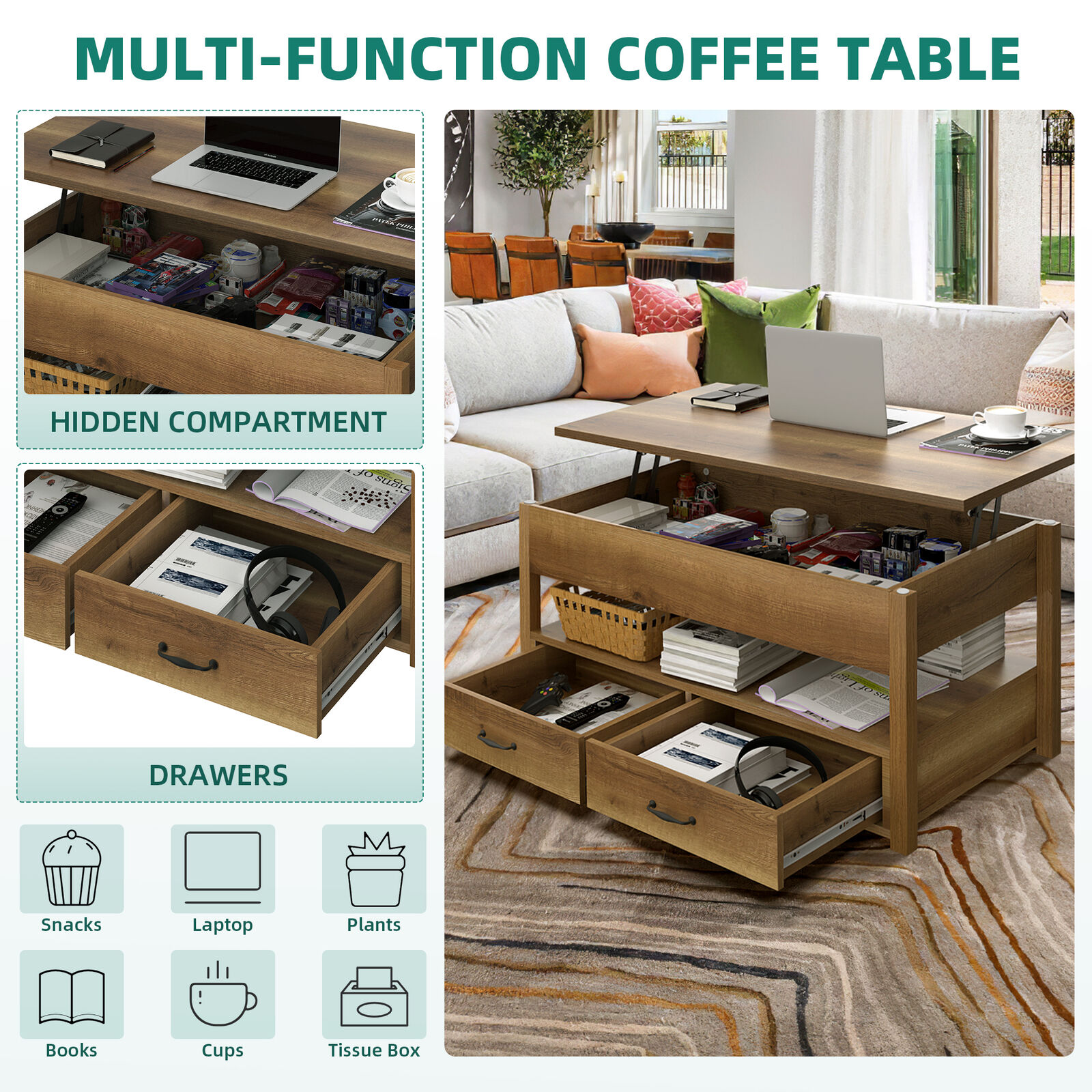 Coffee Table with Hidden Compartment and Storage Shelves