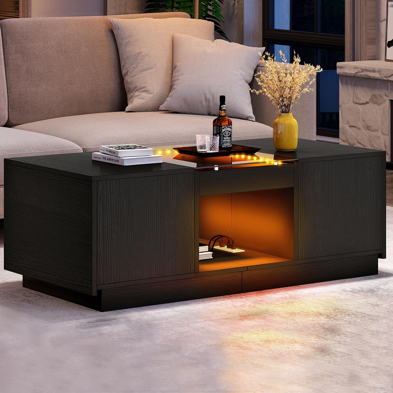Contemporary Coffee Table: 2 Drawers, Charging Station, LED Lights