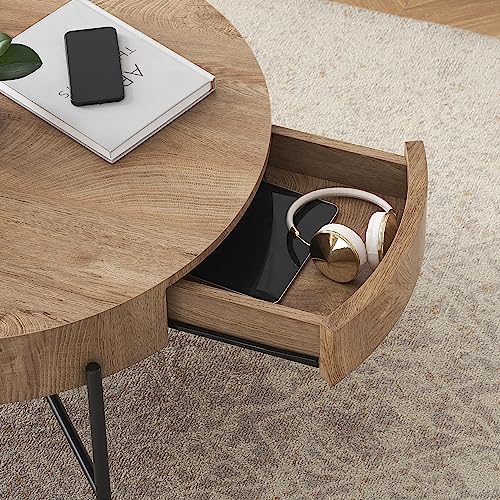 Round Solid Wood Coffee Table with Drawers - Farmhouse Design