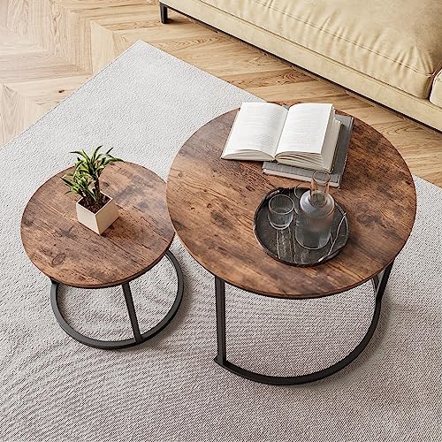 Round Coffee Table Set of 2, Black Metal/Wood Look