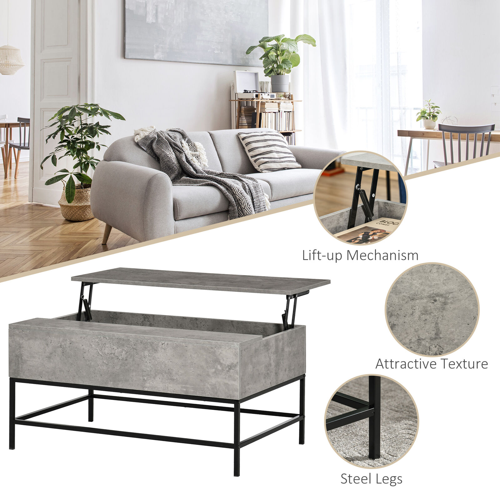Modern Grey Lift Top Coffee Table with Storage