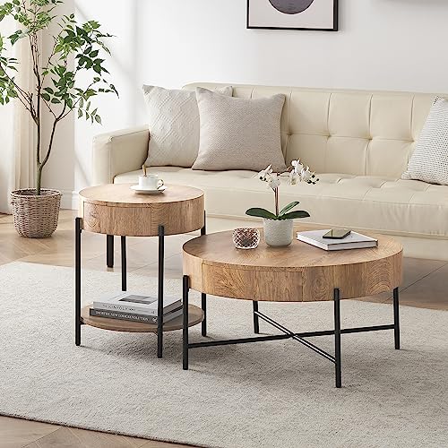 Round Solid Wood Coffee Table with Drawers - Farmhouse Design