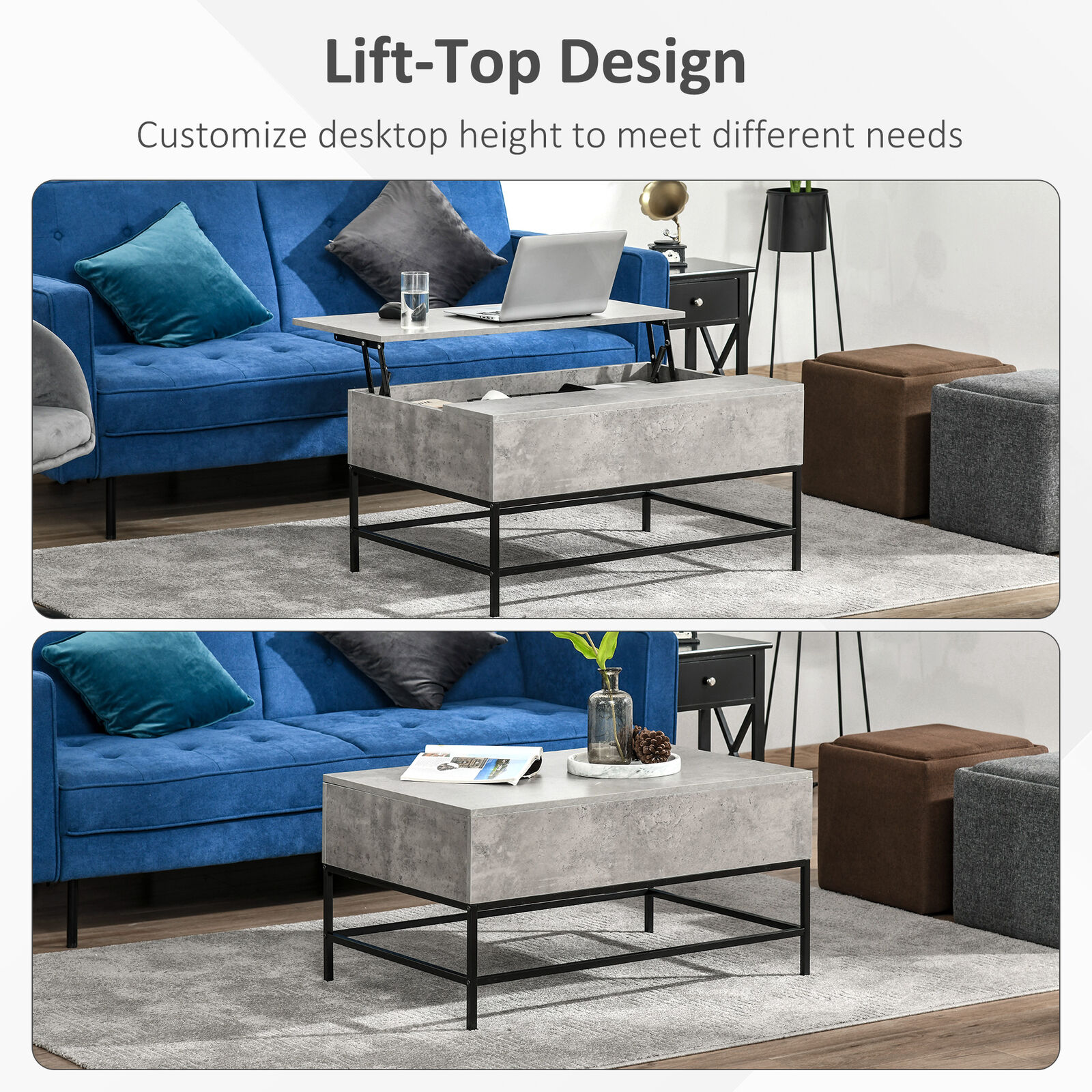 Modern Grey Lift Top Coffee Table with Storage