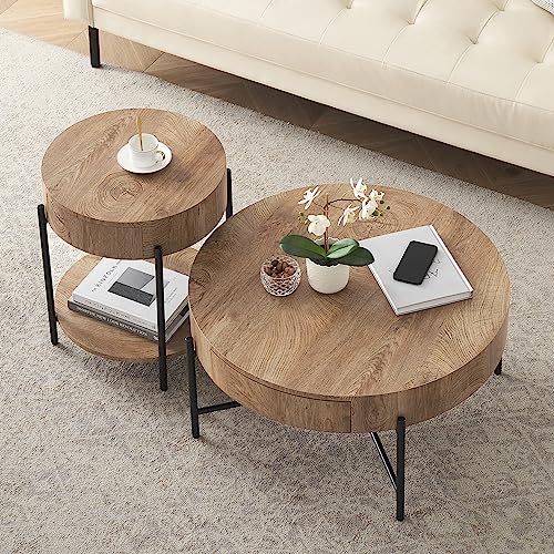 Round Solid Wood Coffee Table with Drawers - Farmhouse Design