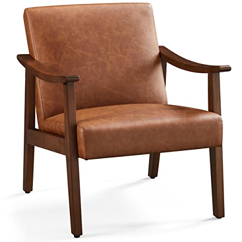 Mid-Century Leather Accent Chair with Solid Wood Legs
