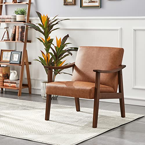 Mid-Century Leather Accent Chair with Solid Wood Legs