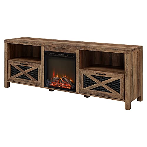 Walker Edison Calgary Industrial Farmhouse X-Drawer Metal Mesh and Wood Fireplace TV Stand for TVs up to 80 Inches, 70 Inch, Rustic Oak
