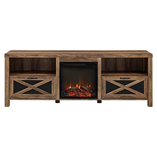 Walker Edison Calgary Industrial Farmhouse X-Drawer Metal Mesh and Wood Fireplace TV Stand for TVs up to 80 Inches, 70 Inch, Rustic Oak