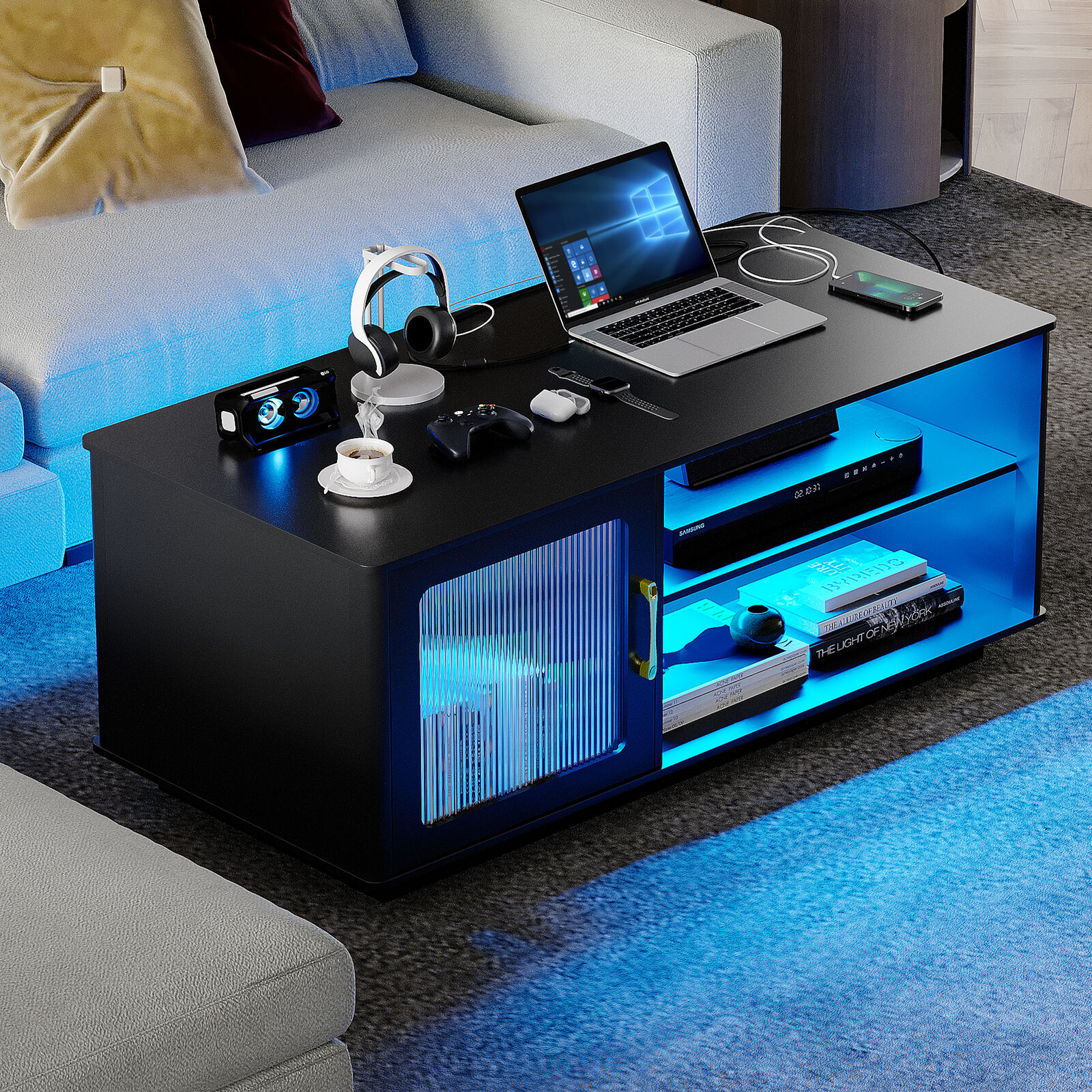 LED Coffee Table with Cabinet, Charging Station