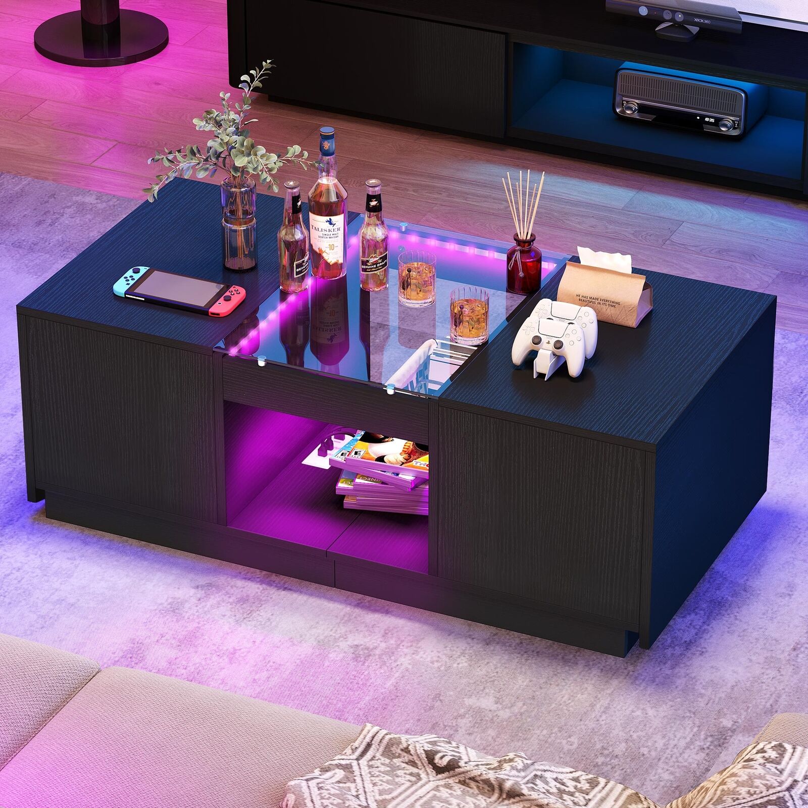 LED Coffee Table with Charging Station & Storage
