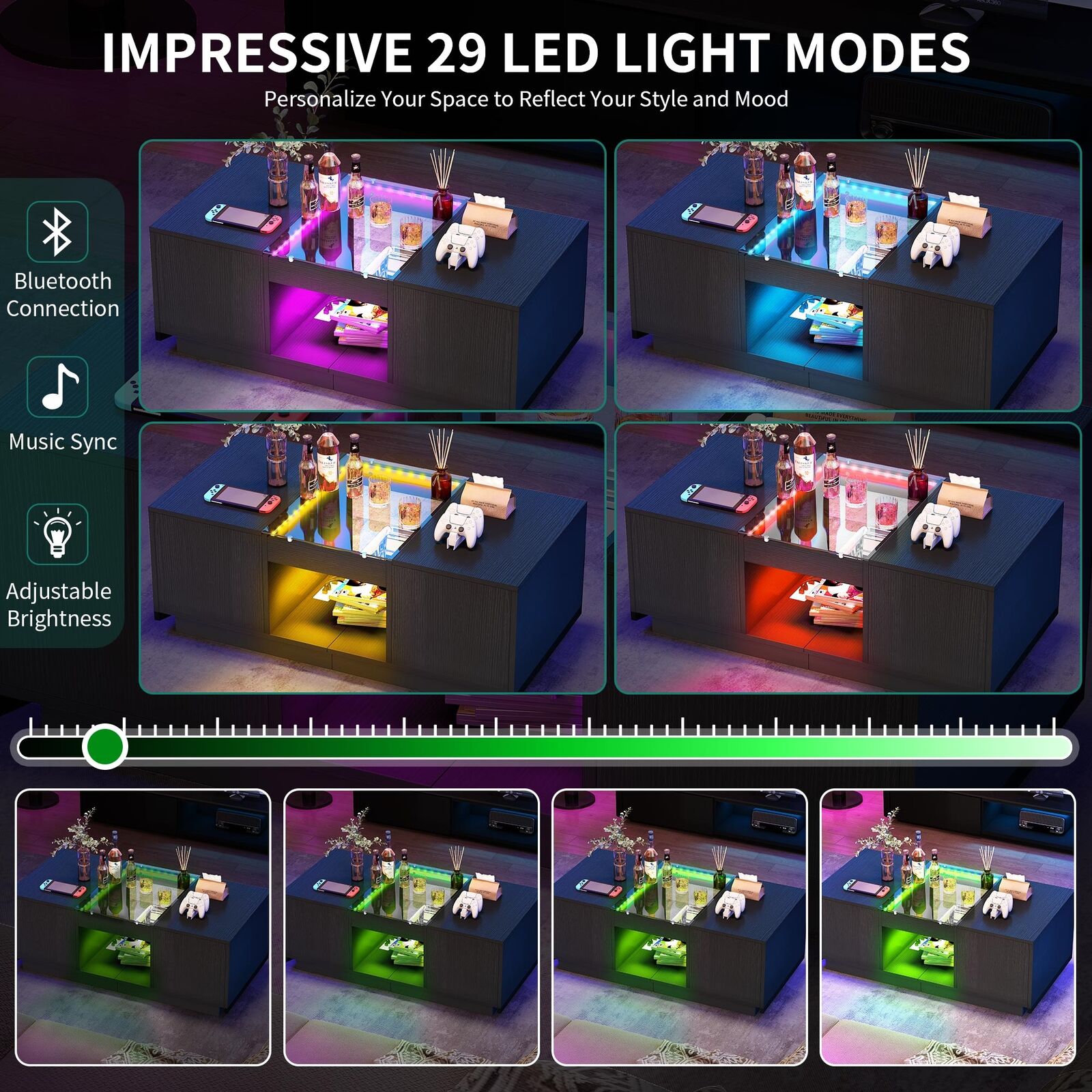 LED Coffee Table with Charging Station & Storage