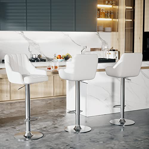 VECELO Bar Stools Set of 2, Adjustable Barstools, Counter Height Stools with Back and Arm, Kitchen Island Stools, Swivel PU Leather Chairs for Pub, Dining Room Living Room, Modern Style, White
