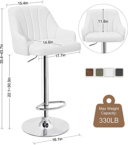 VECELO Bar Stools Set of 2, Adjustable Barstools, Counter Height Stools with Back and Arm, Kitchen Island Stools, Swivel PU Leather Chairs for Pub, Dining Room Living Room, Modern Style, White