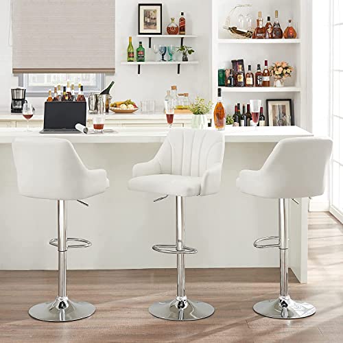 VECELO Bar Stools Set of 2, Adjustable Barstools, Counter Height Stools with Back and Arm, Kitchen Island Stools, Swivel PU Leather Chairs for Pub, Dining Room Living Room, Modern Style, White