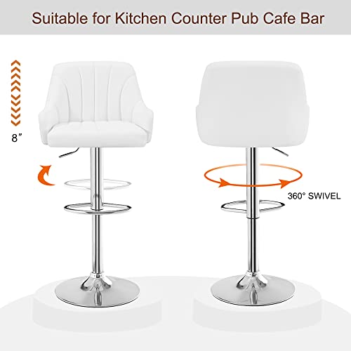 VECELO Bar Stools Set of 2, Adjustable Barstools, Counter Height Stools with Back and Arm, Kitchen Island Stools, Swivel PU Leather Chairs for Pub, Dining Room Living Room, Modern Style, White