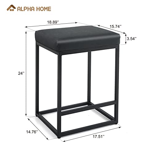 ALPHA HOME 24" Bar Stool Counter Height Bar Stools with Footrest Pu Leather Backless Kitchen Dining Cafe Chair with Thick Cushion & Sturdy Chromed Metal Steel Frame Base for Indoor Outdoor,Black,2PC