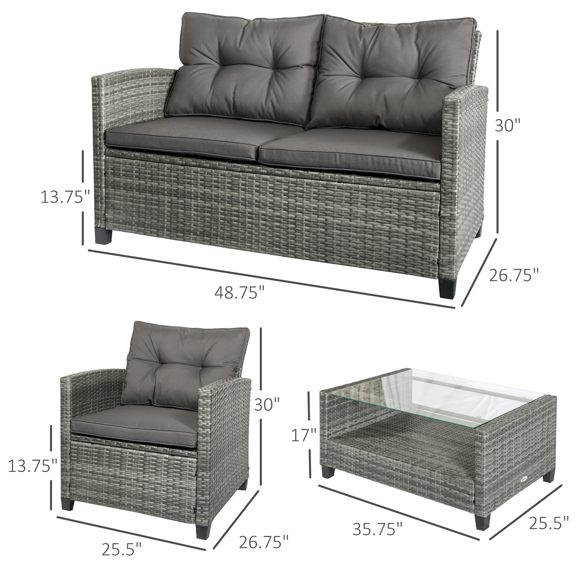 4-pc Outside Deck & Balcony Wicker Furniture Set w/ Seating & Coffee Table