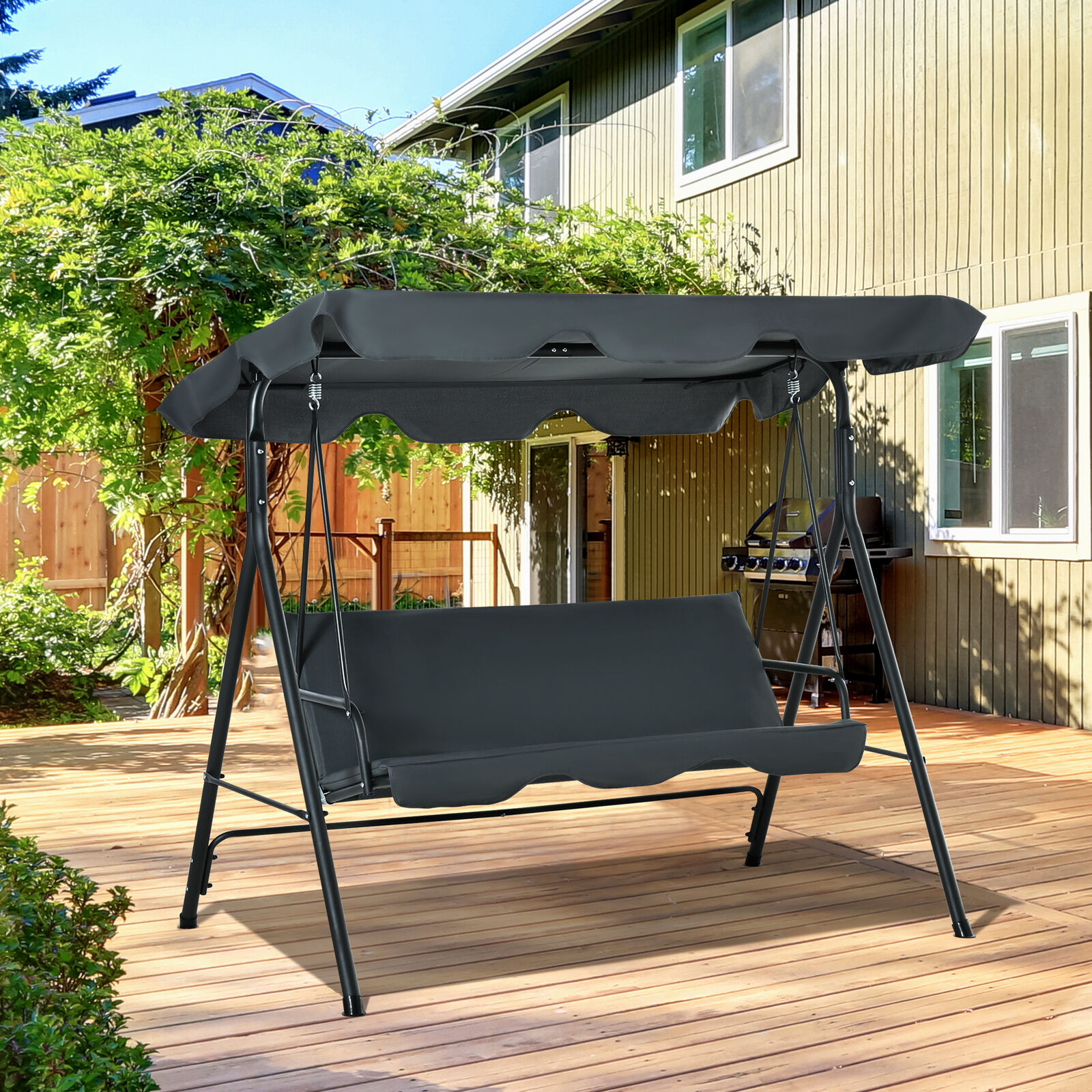 Outdoor 3-seat Swing with Canopy, Padded Lounge Chair