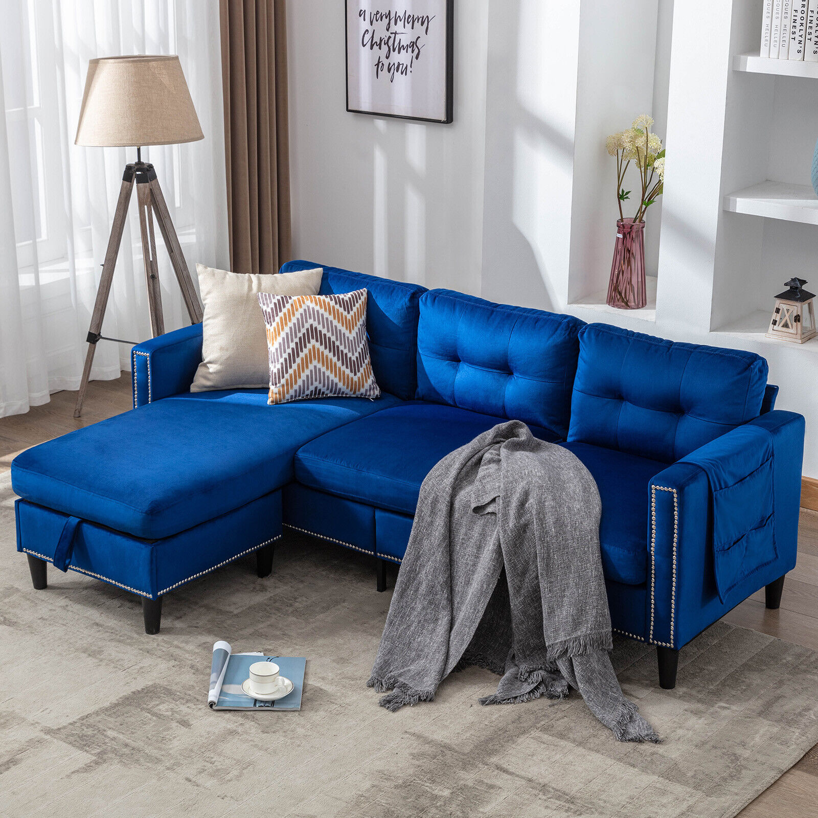 Velvet L-Shape Convertible Sectional Sofa with Chaise