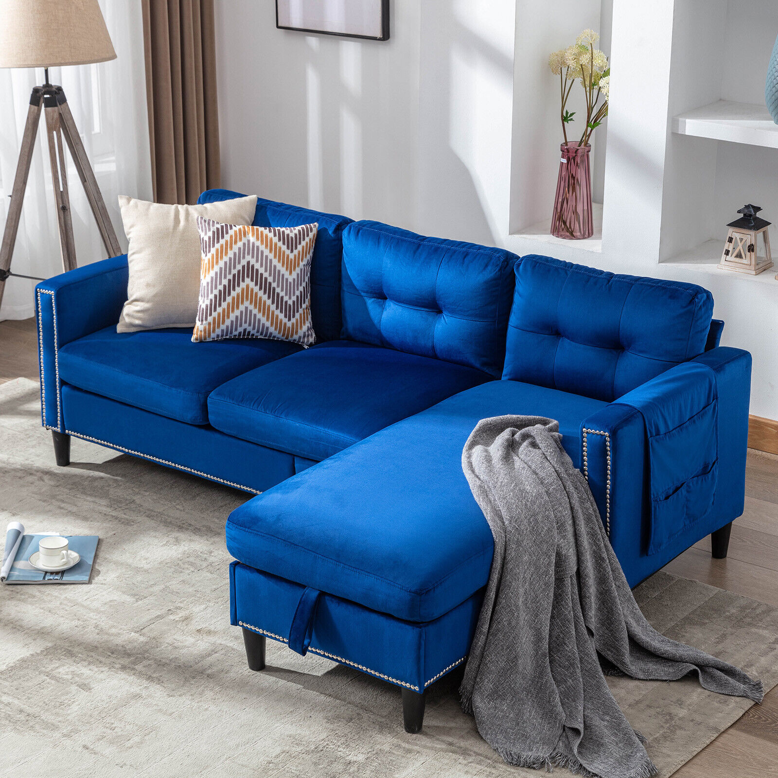 Velvet L-Shape Convertible Sectional Sofa with Chaise