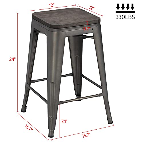 Yaheetech 24inch Metal Bar Stools Counter Height Barstools High Backless Industrial Stackable Metal Chairs with Wood Seat/Top Indoor/Outdoor Set of 4, Gun Metal