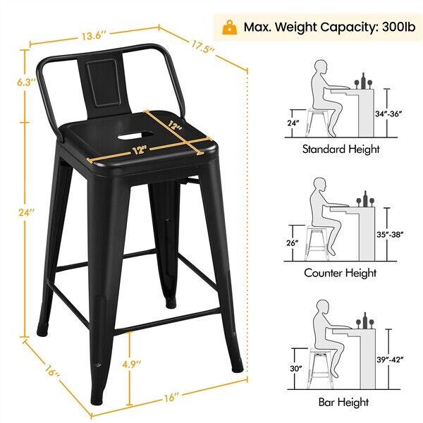 Counter Stools Metal Bar Stools set of 4 Armless Low Back Bar Chairs Matte Black